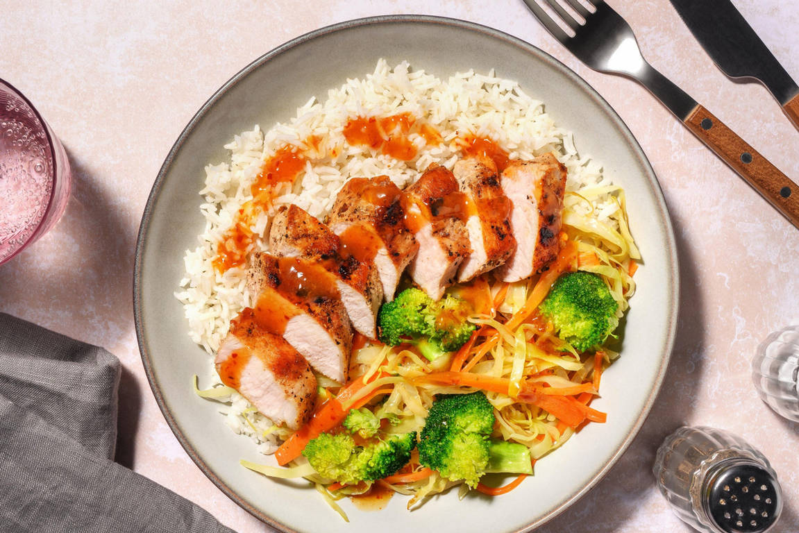 Schweinelachssteak mit Aprikosen-Gochujang-Soße