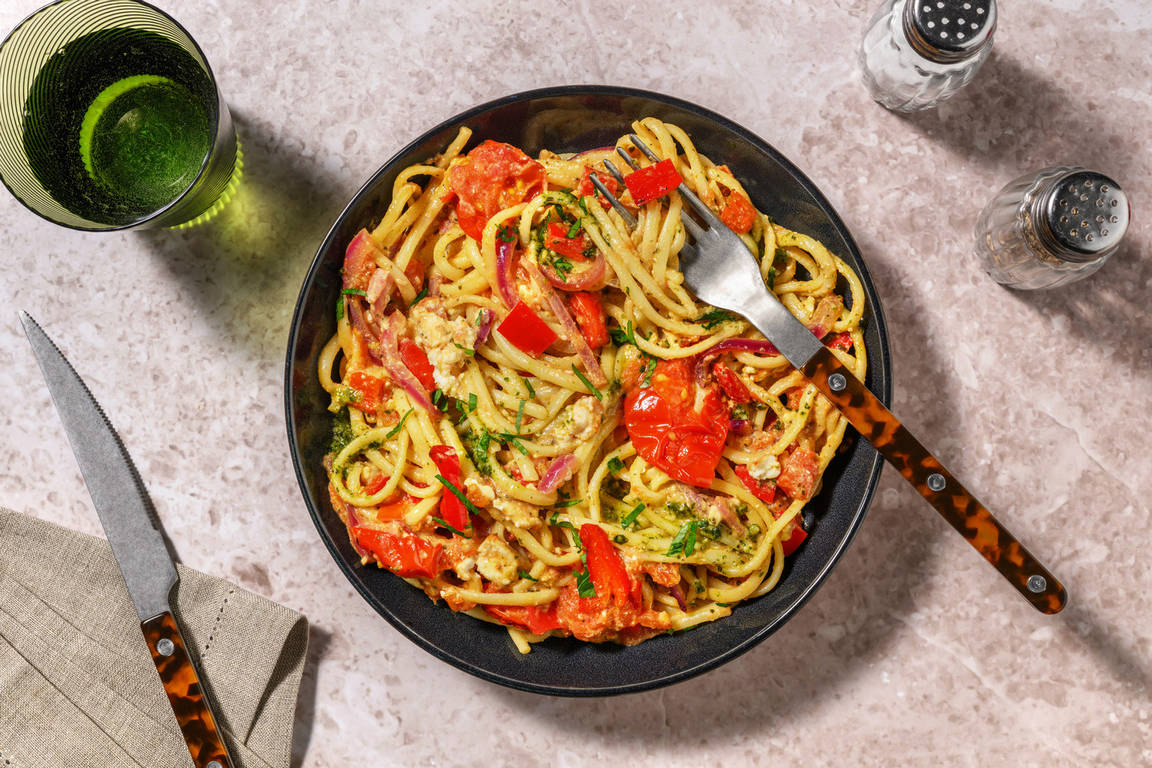 Linguine au pesto & fromage à la grecque