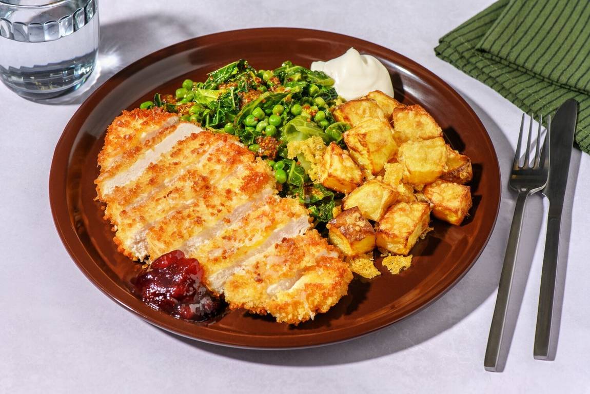 Alpine Inspired Chicken Schnitzel and Cheesy Roasties