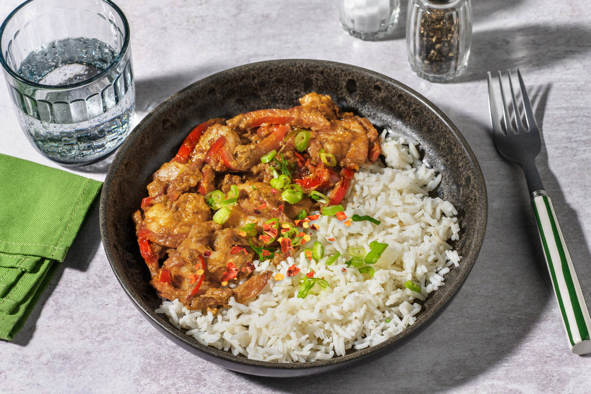 Langostinos satay: salsa cremosa de cacahuete y miel