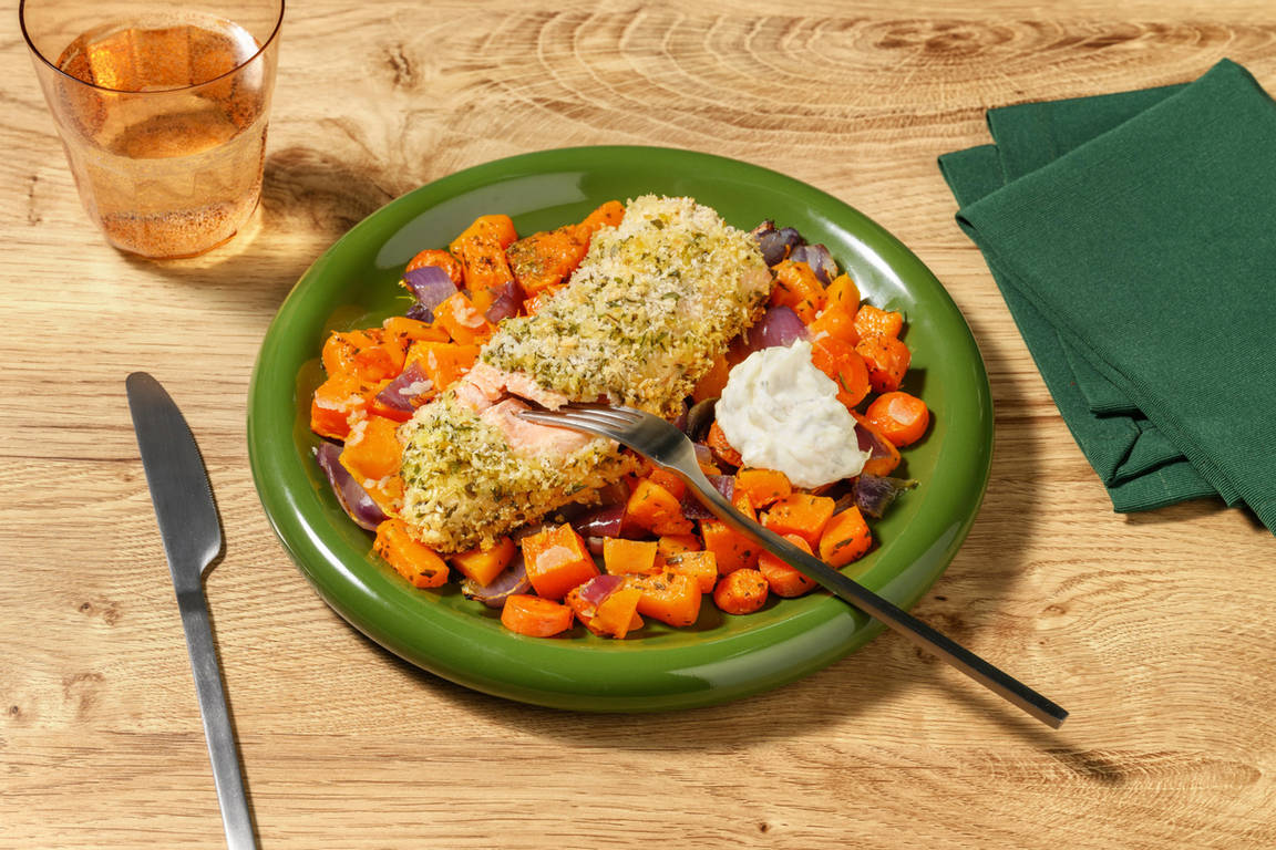 Saumon en croûte herbacée & butternut rôti