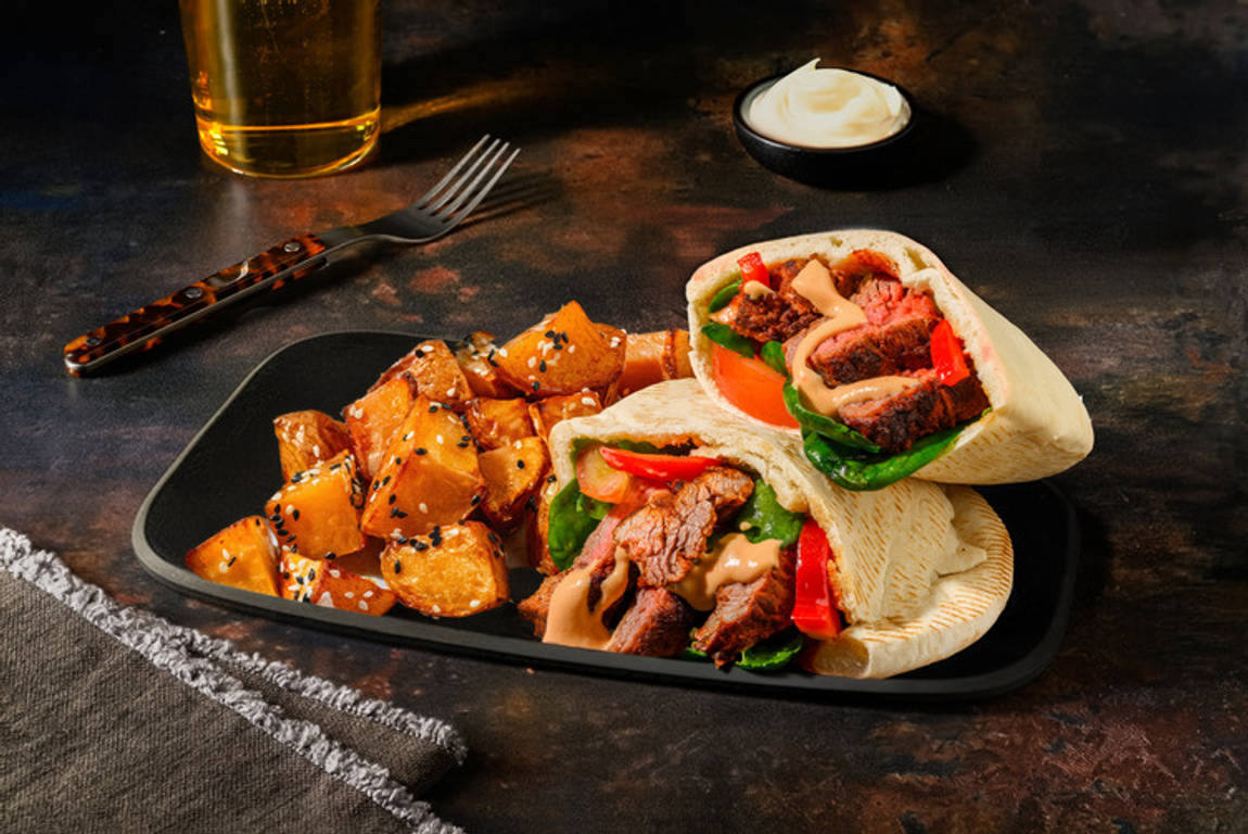 Spiced Beef Steak & Harissa Hummus Pita