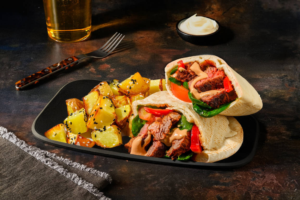 Spiced Beef Steak & Harissa Hummus Pita