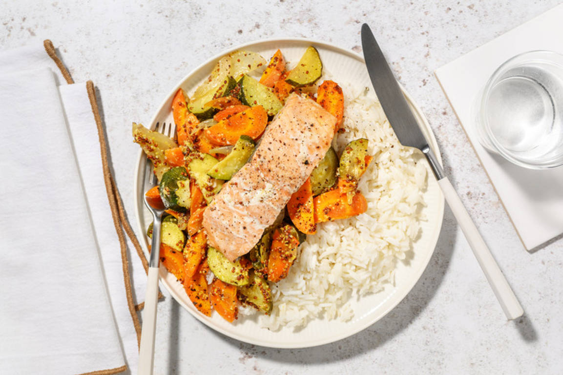 ¡En papillote! Salmon con verduras a la mostaza