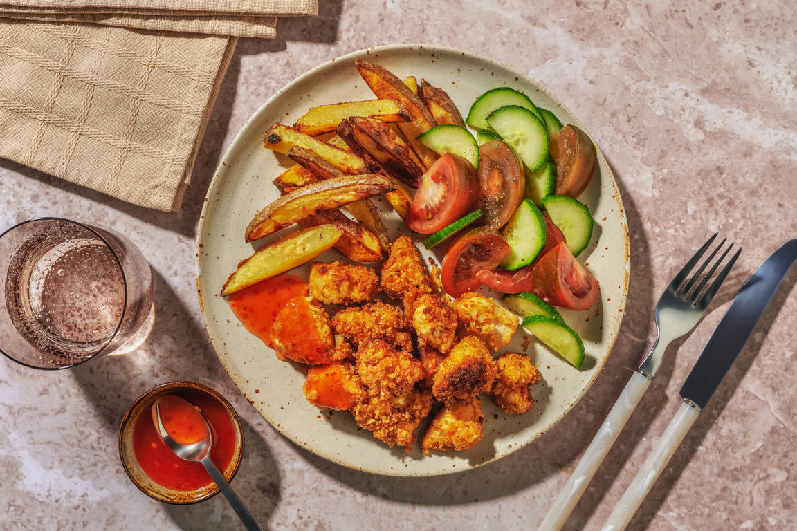 Zelfgemaakte kipnuggets met frietjes