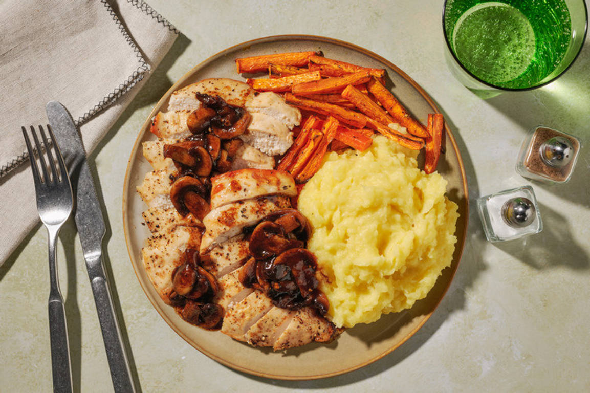 Roast Chicken in Red Wine Mushroom Sauce