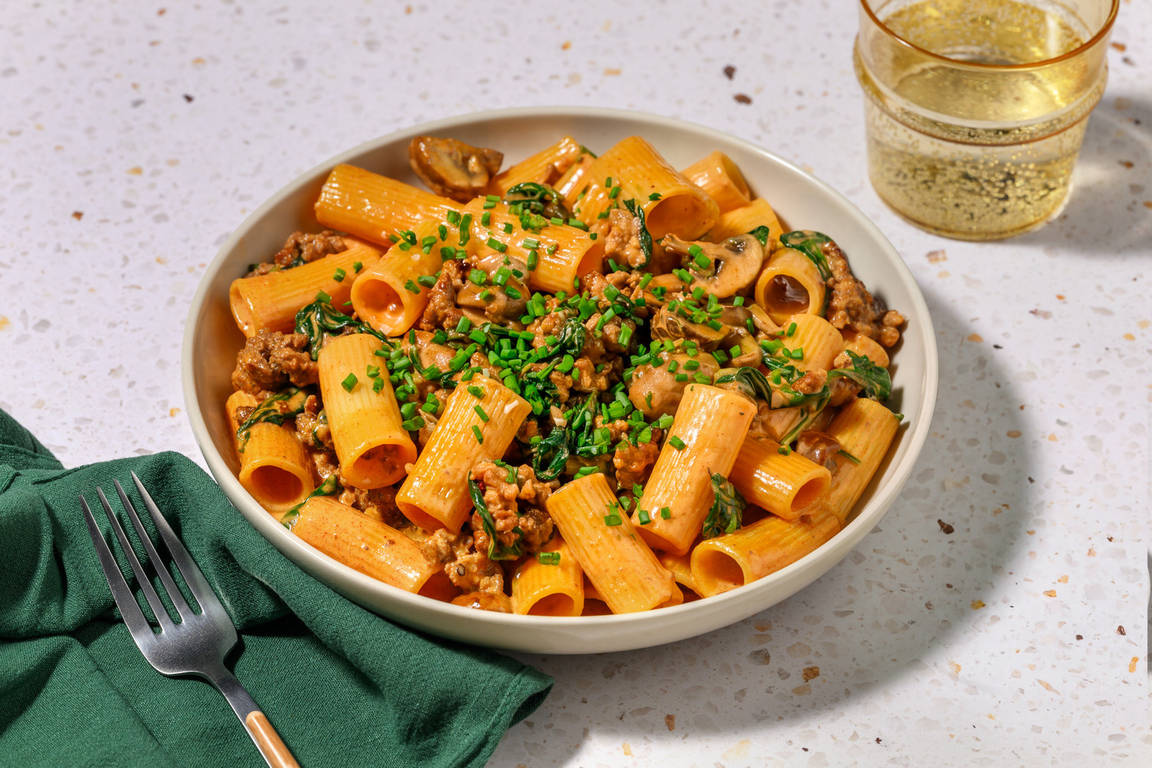 Quick Gochujang Beef and Pork Mushroom Penne