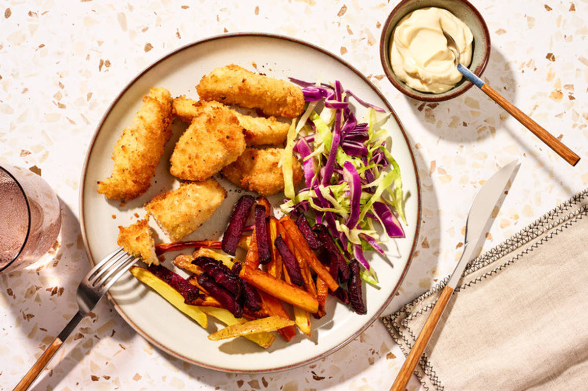 Parmesan-Crumbed Chicken Strips & Slaw