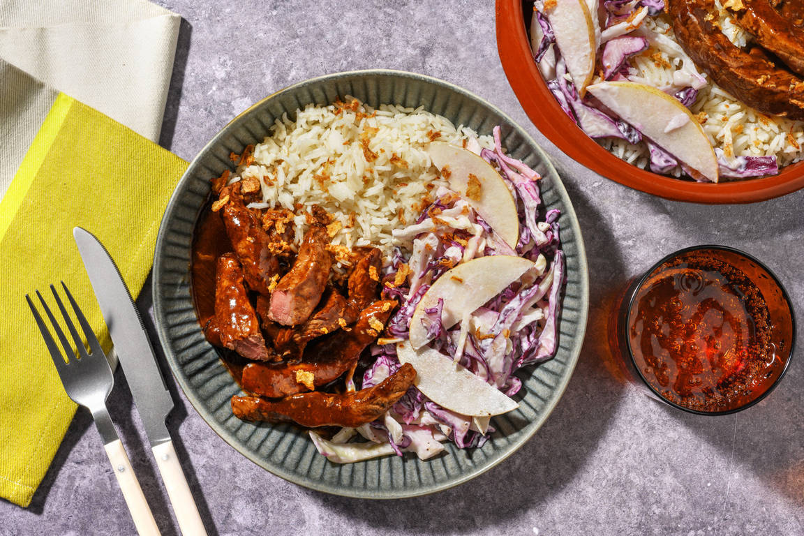 Teriyaki Ginger Beef & Creamy Pear Slaw