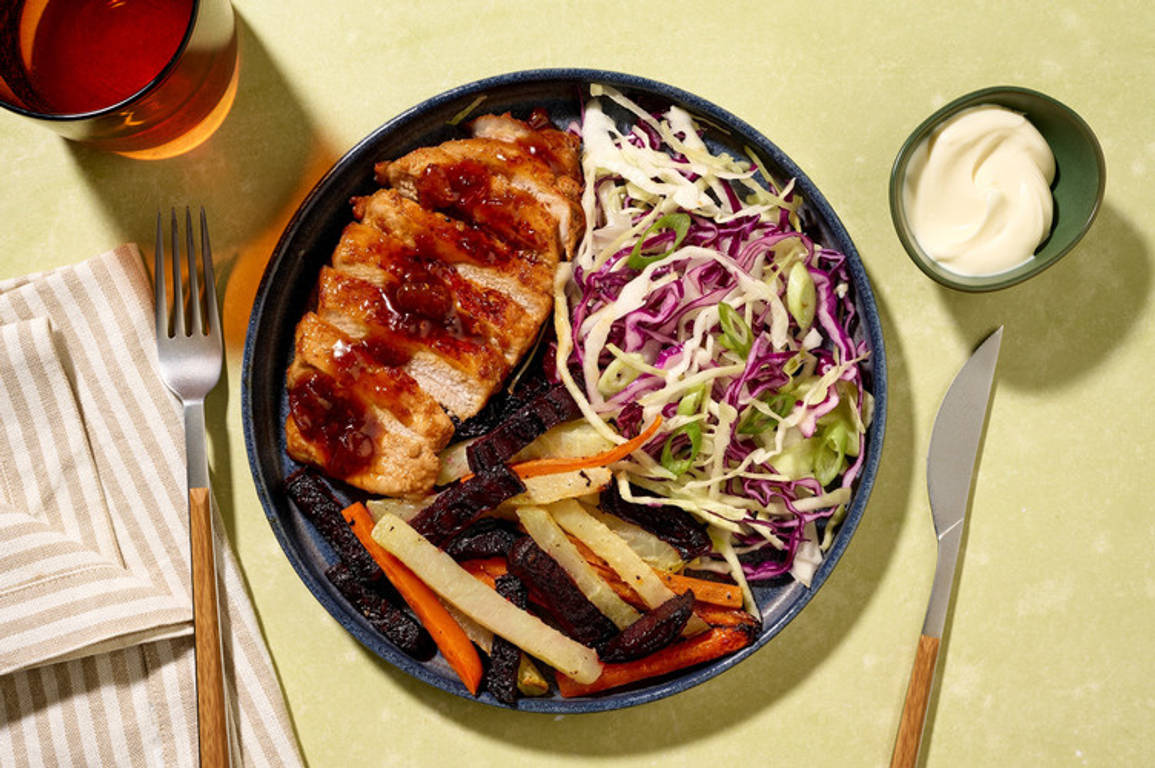 Apricot-Glazed Pork & Rainbow Veggie Fries