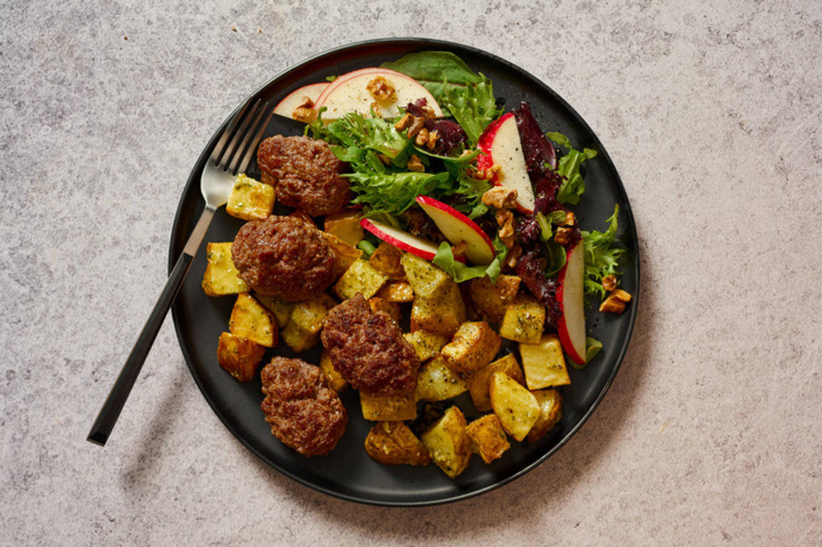Beef Rissoles & Warm Pesto Potatoes