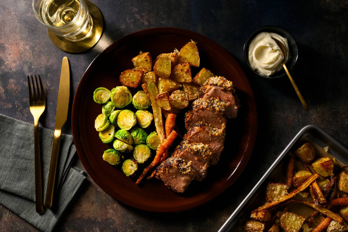 Almond-Crusted Pork & Butter Roast Veggies