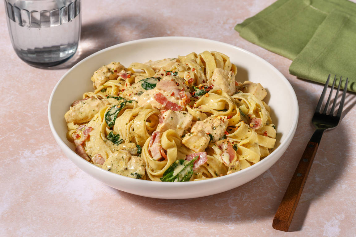 Creamy Pesto Chicken & Bacon Fettuccine