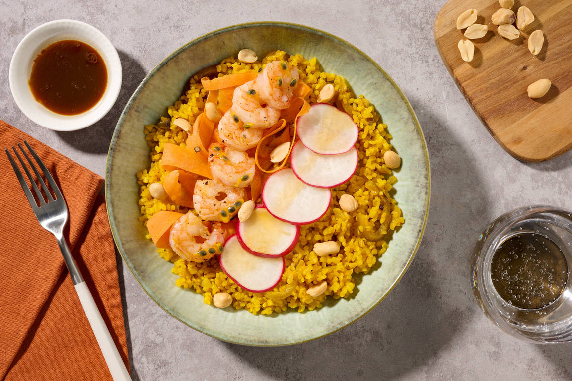 Boulgour bowl aux crevettes & sauce passion