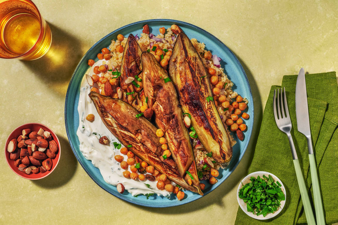 Aubergine rôtie à la harissa & boulgour