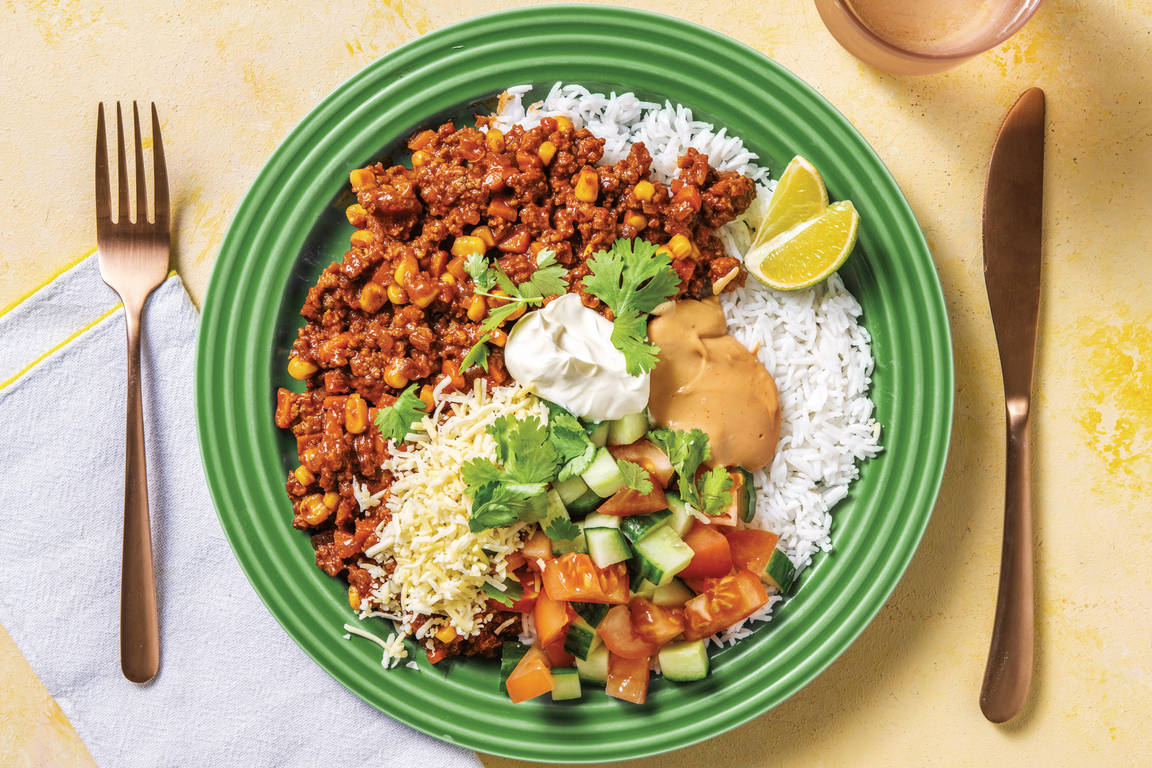 All-American Beef Rice Bowl with Salsa & BBQ Mayo