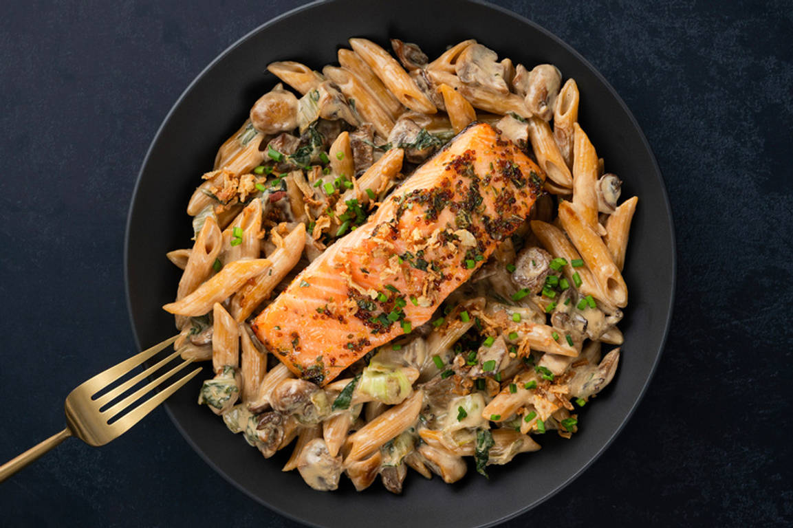 Roasted Salmon with Miso Mushroom Pasta