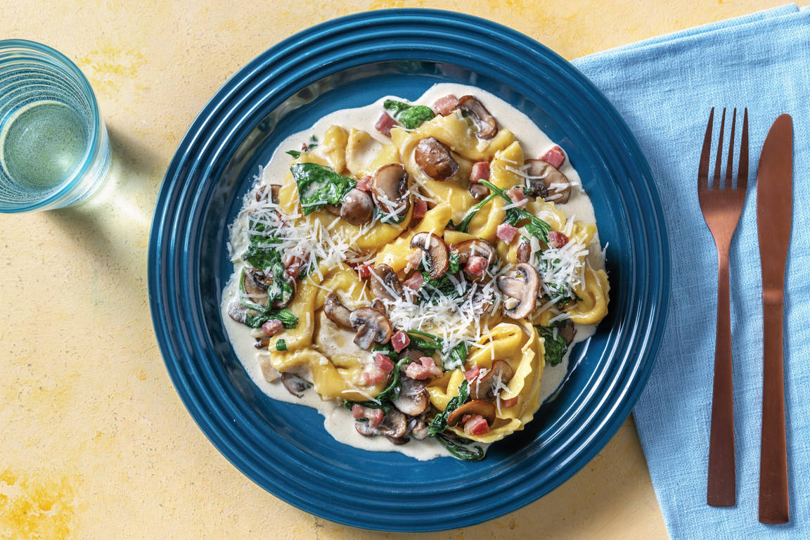 Creamy Pumpkin Ravioli & Bacon with Mushrooms & Sage