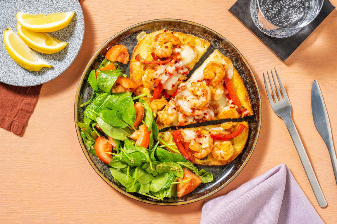 Pains plats aux crevettes et au pesto