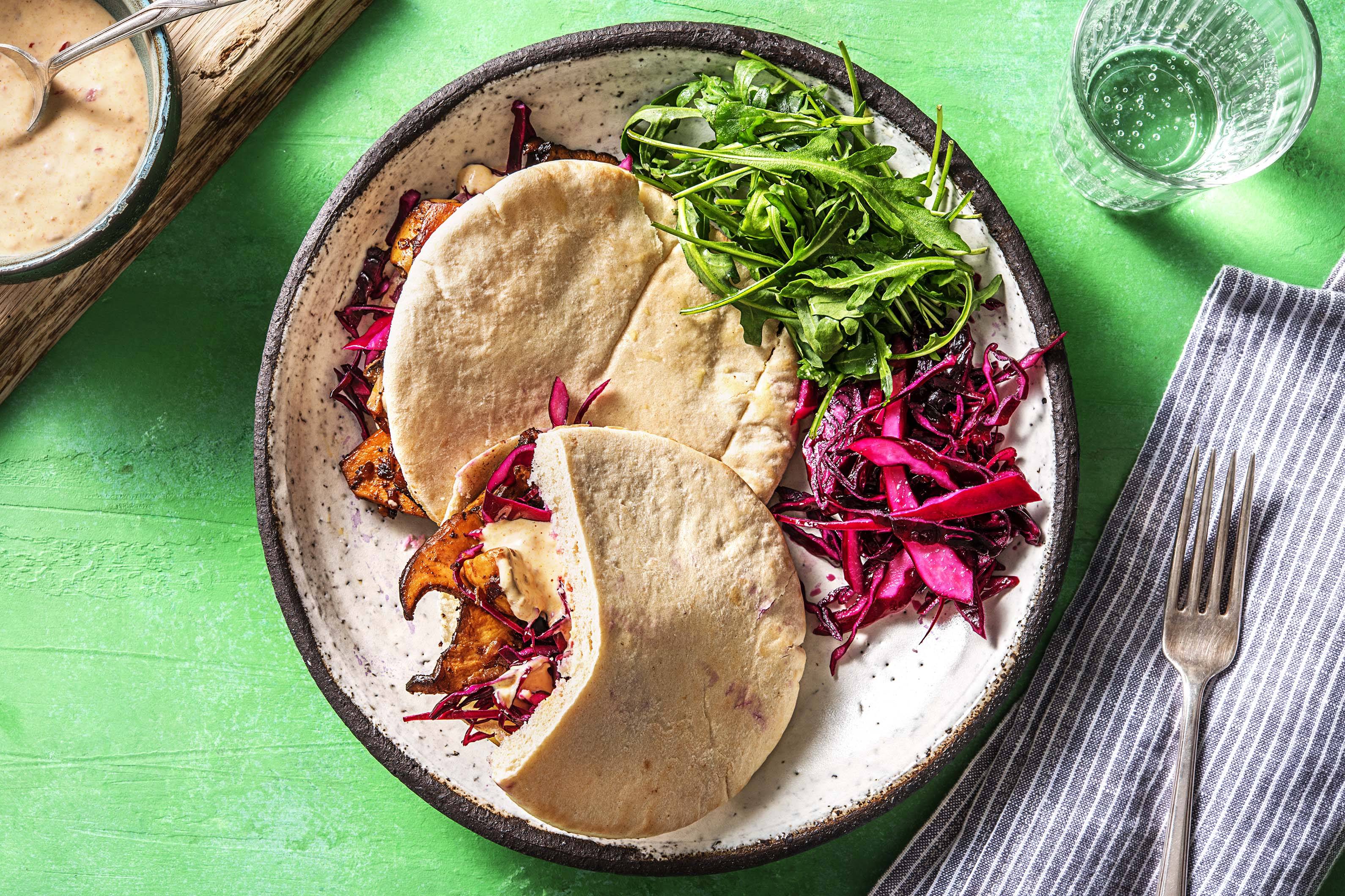 Pittige vegetarische shoarma van koningsoesterzwam