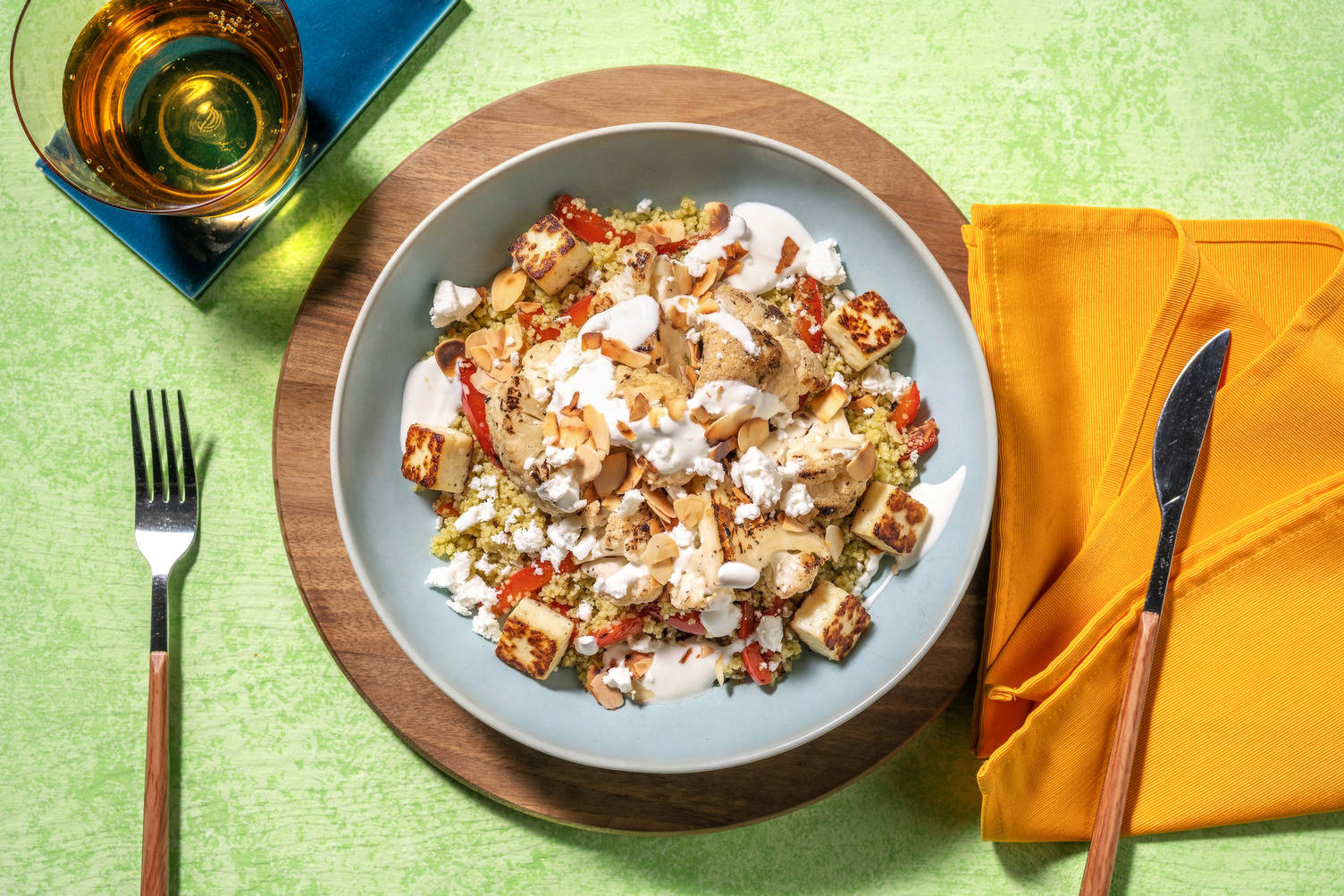 Halloumi and Spiced Roasted Cauliflower on Zhoug Couscous