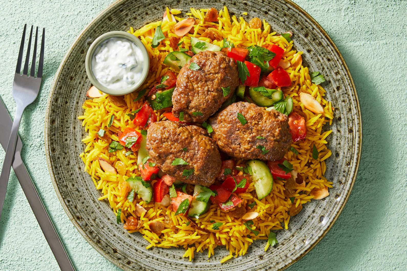 Double Bison Koftas and Golden Rice Pilaf