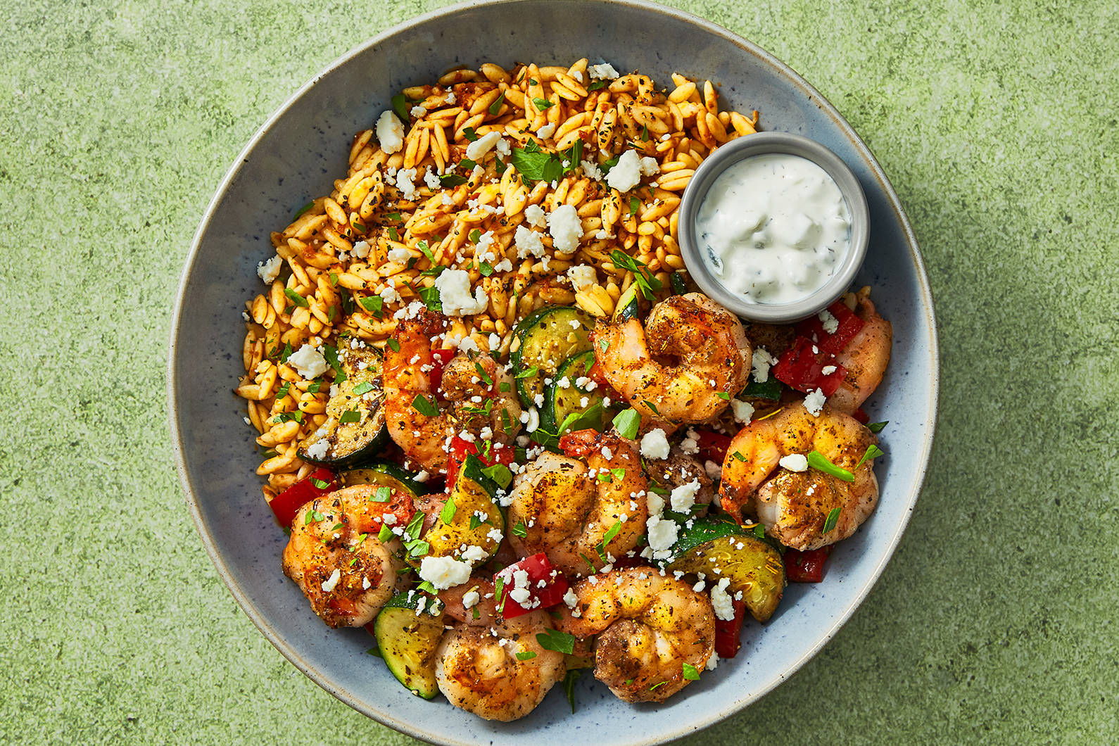 Orzo et crevettes double portion à la méditerranéenne
