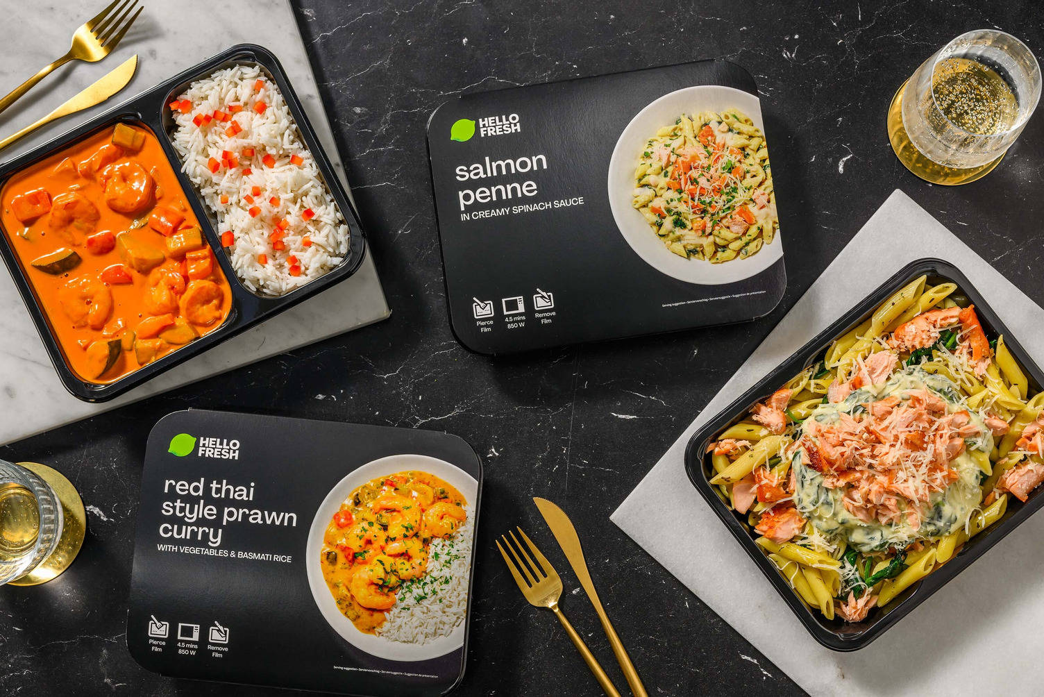 Thai Red Curry Prawns & Vegetables and Penne in Spinach & Salmon Sauce