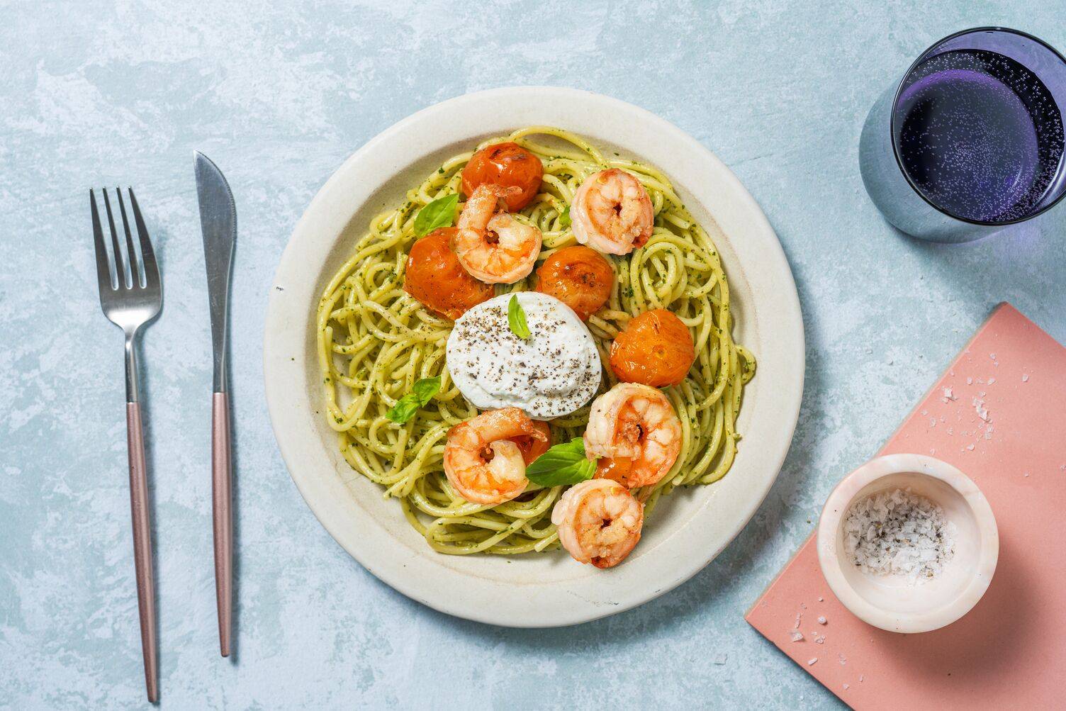 Spaghetti Burrata mit Garnelen