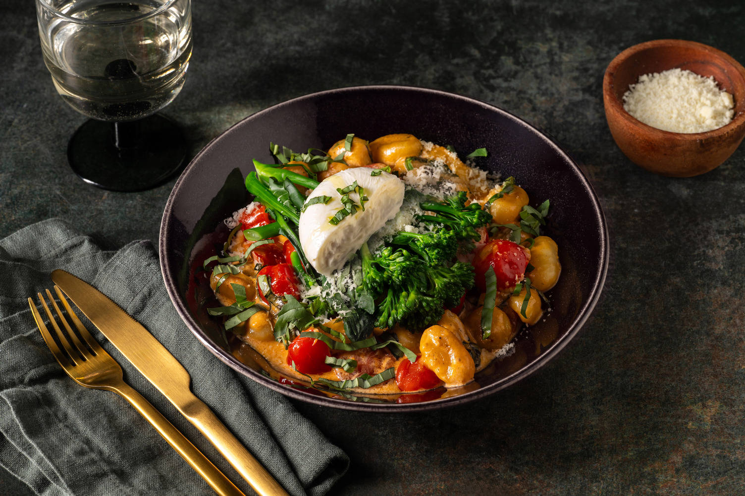 Gnocchi-Pfanne mit Knoblauch-Bimi und Burrata