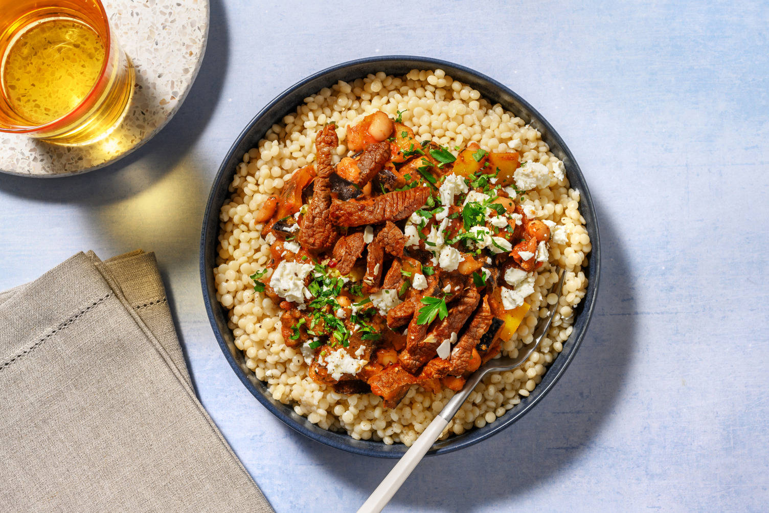 Spiced Aubergine Pearled Couscous Bowl with Irish Beef Strips