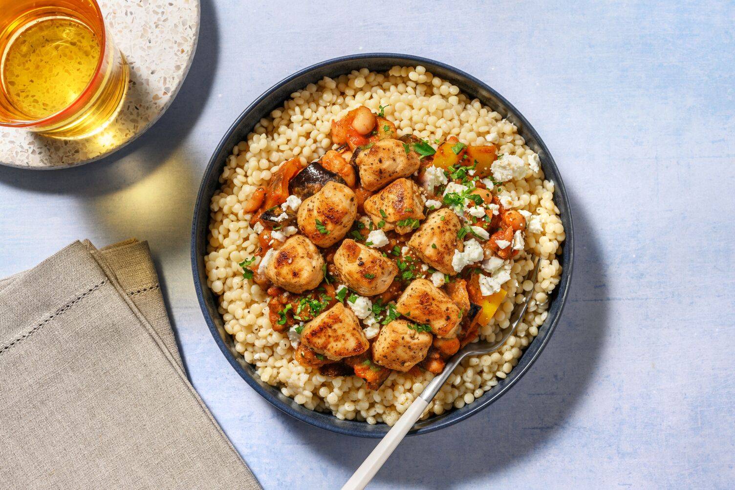 Spiced Aubergine Pearled Couscous Bowl with Irish Chicken