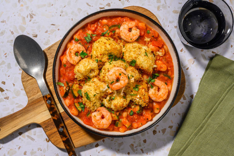 Crispy Cauliflower Topped Bean Chilli with Prawns