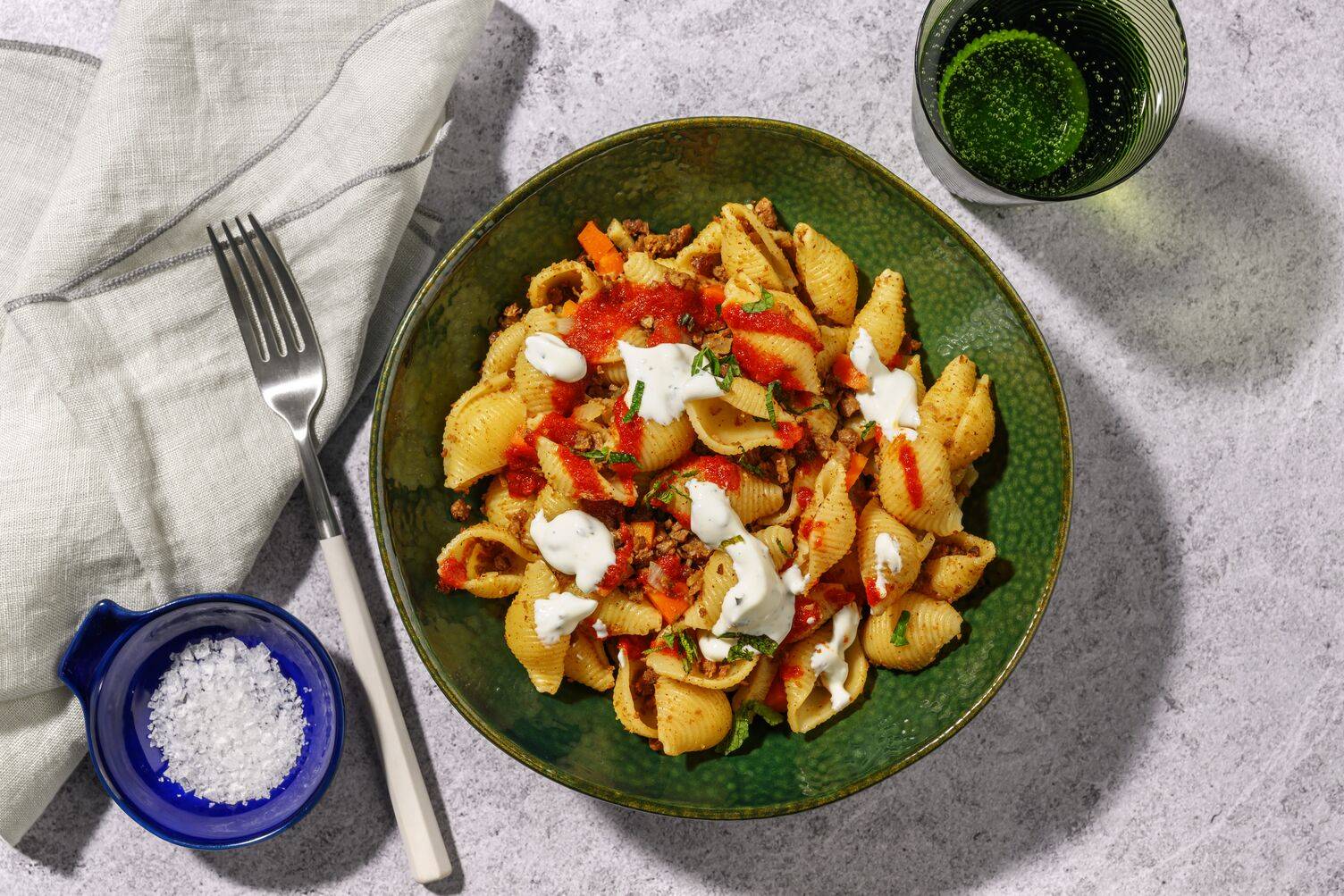 Conchiglie au bœuf & duo de sauces