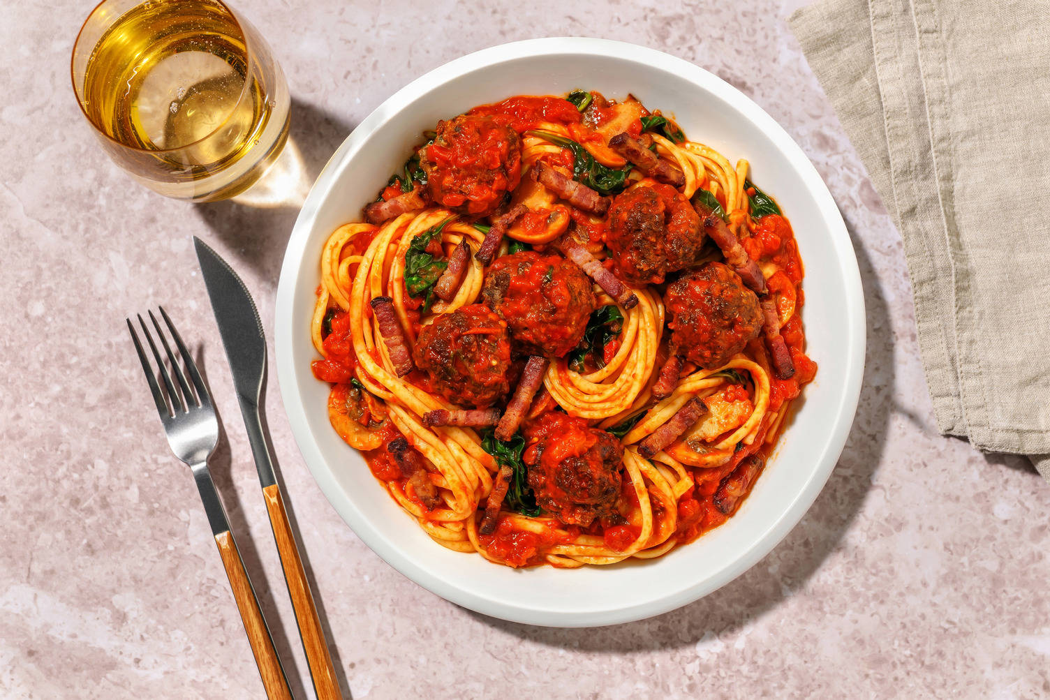 Herby Bacon and Beef Meatball Linguine