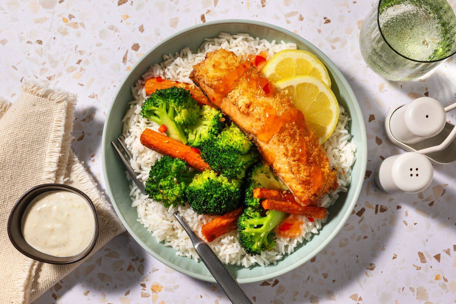 Golden Crumbed Double Salmon and Broccoli