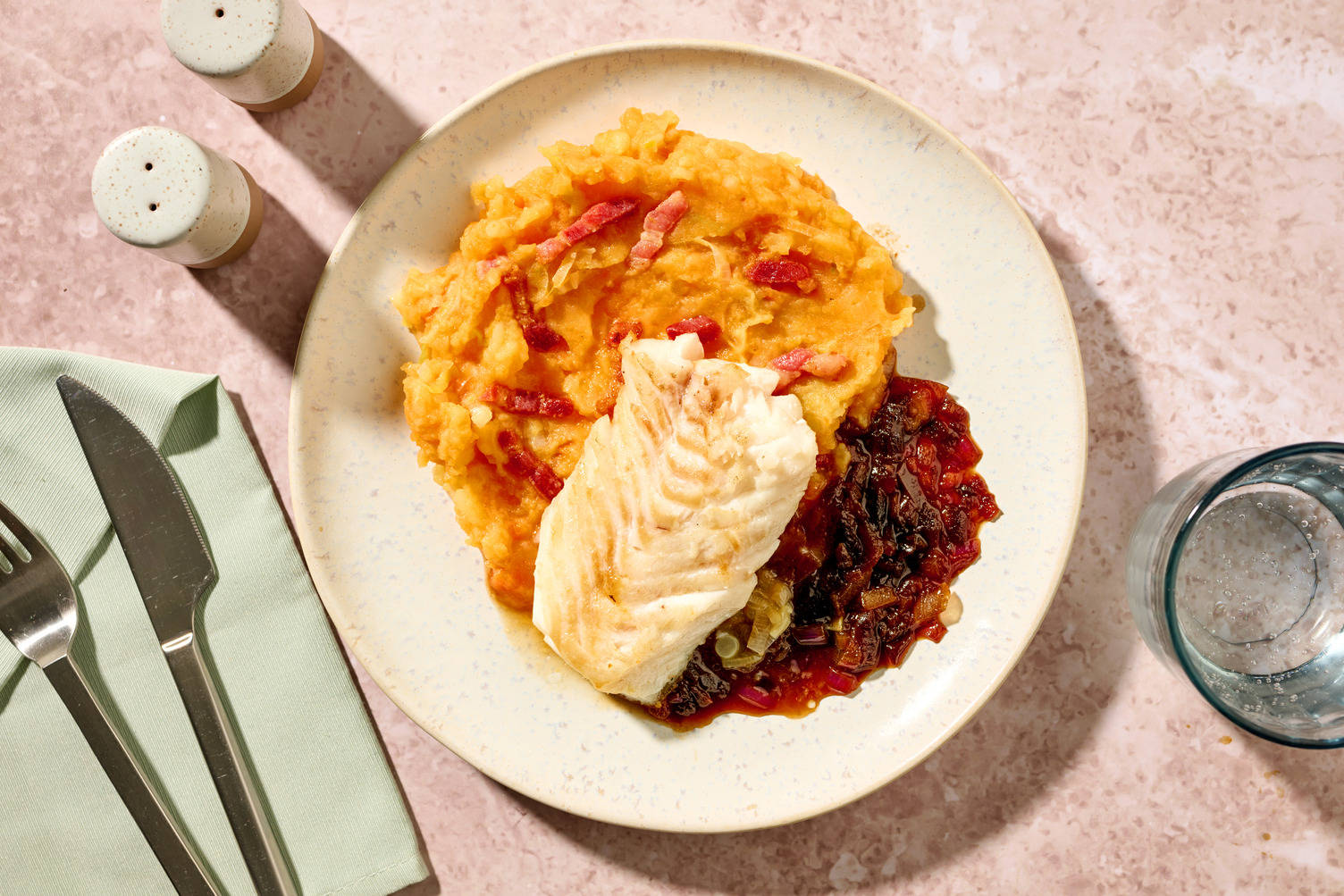 Hake with Sweet Potato-Bacon 'Stamppot'