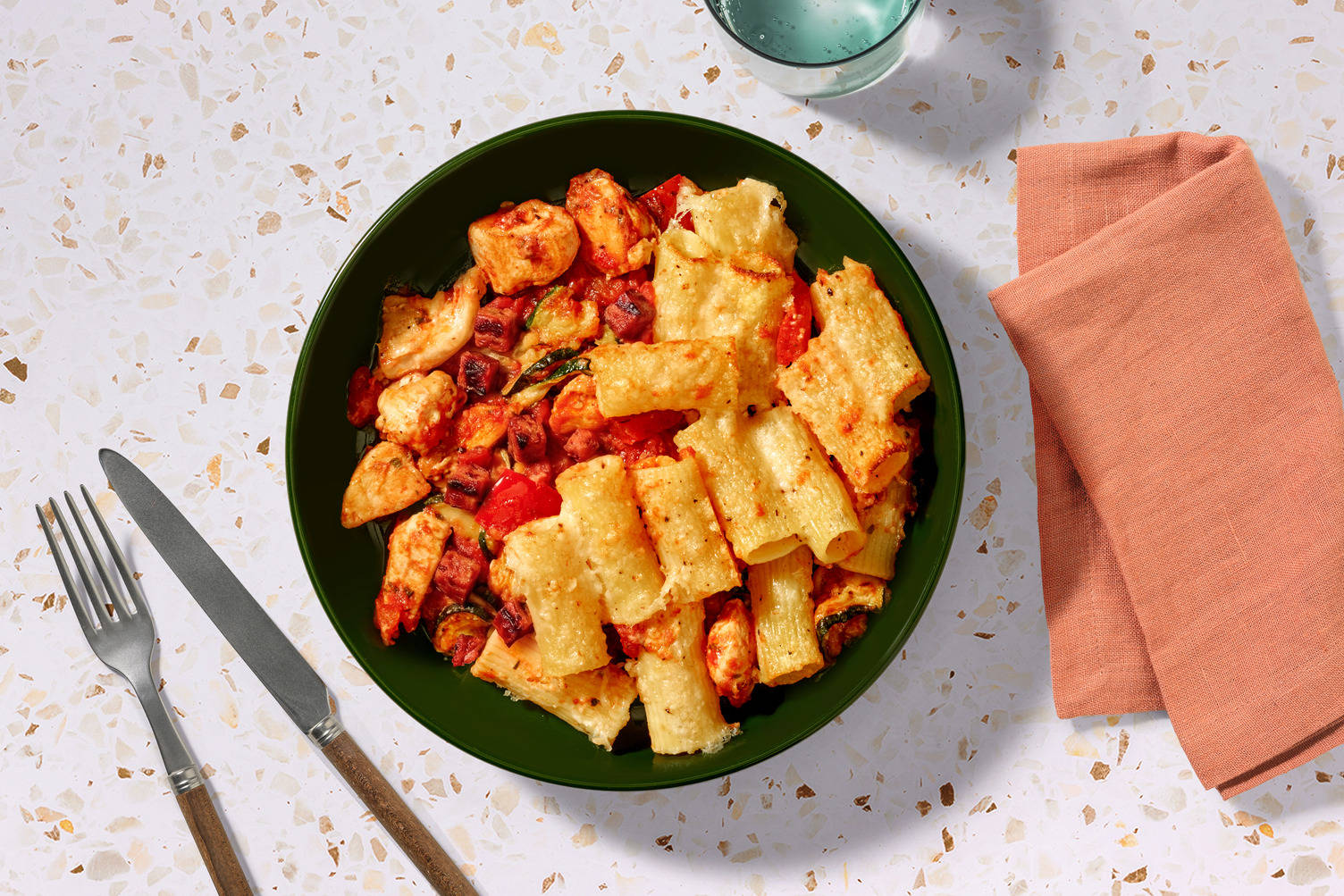 Layered Creamy Chicken and Chorizo Pasta Bake