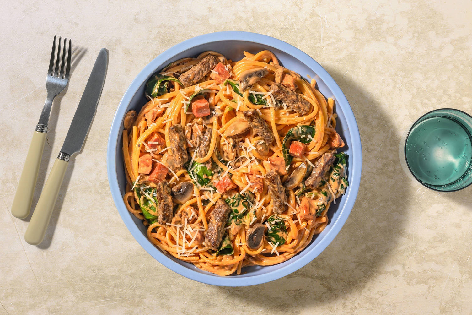 Chorizo and Mushroom Pasta with Beef Strips