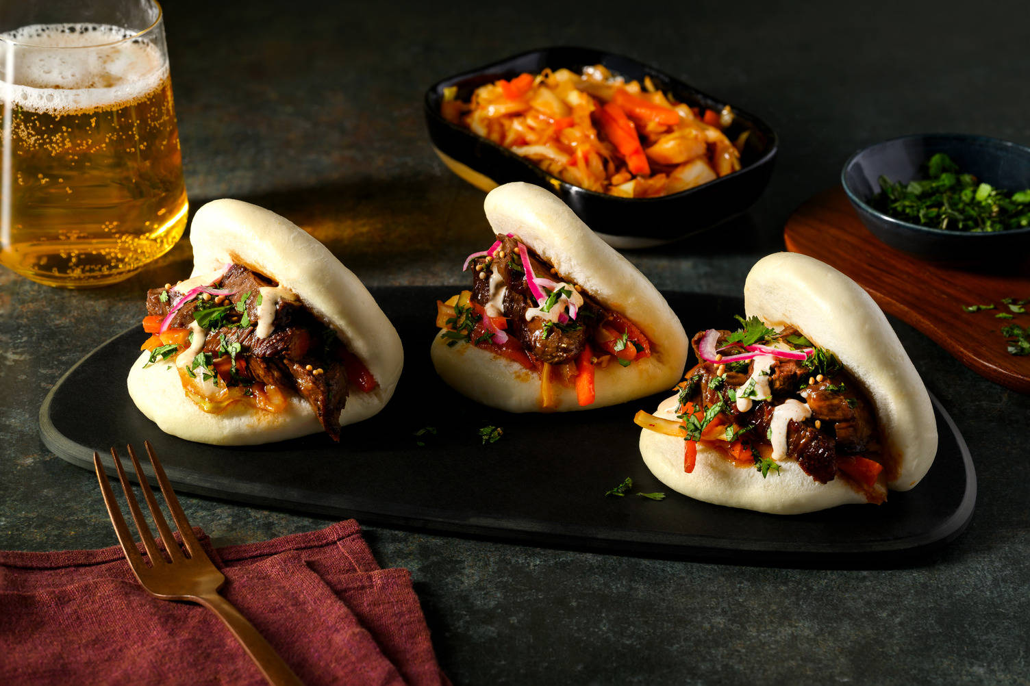 Bulgogi Venison Bao Buns with Mustard Caviar