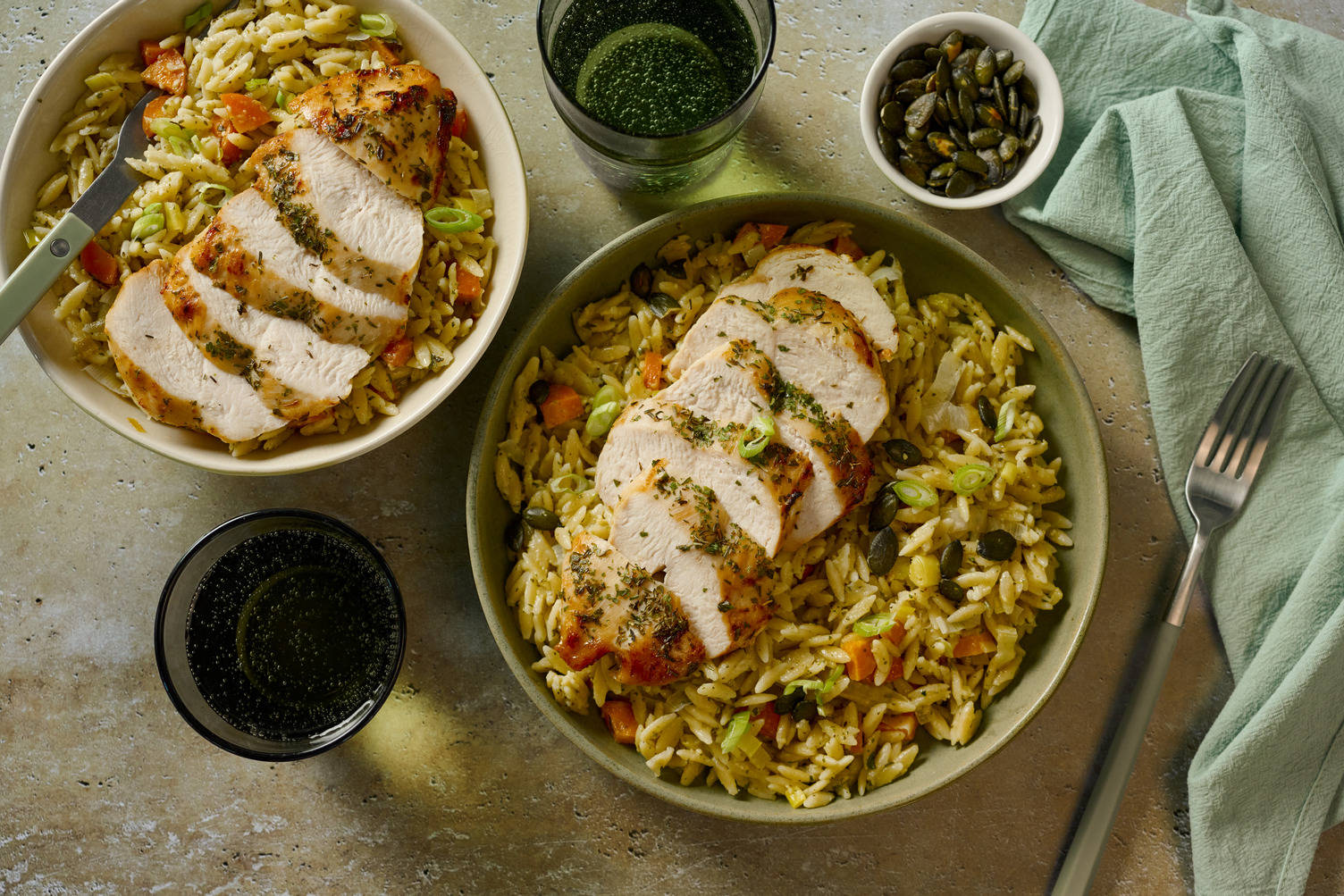 Mediterranean Style Double Chicken and Creamy Pesto Orzo