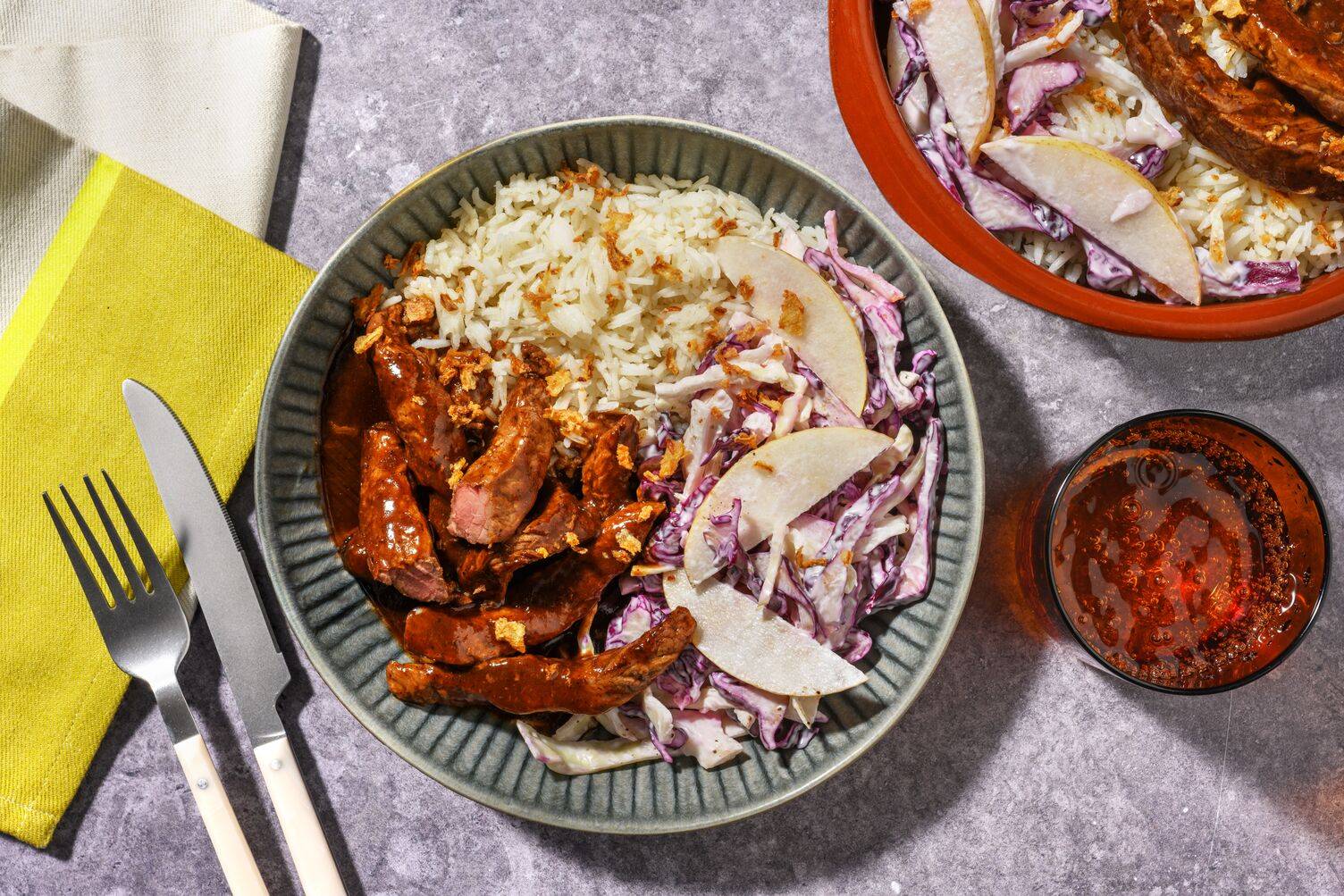 Teriyaki Ginger Beef Rump & Creamy Pear Slaw