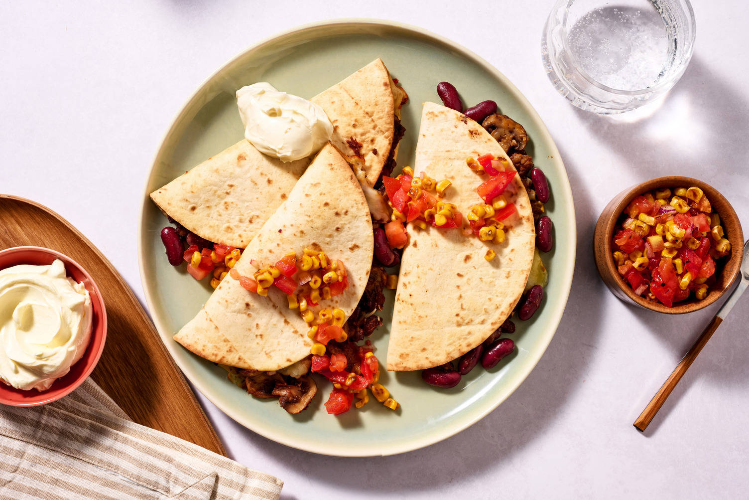 Spiced Kidney Bean, Plant-Based Mince & Mushroom Quesadillas