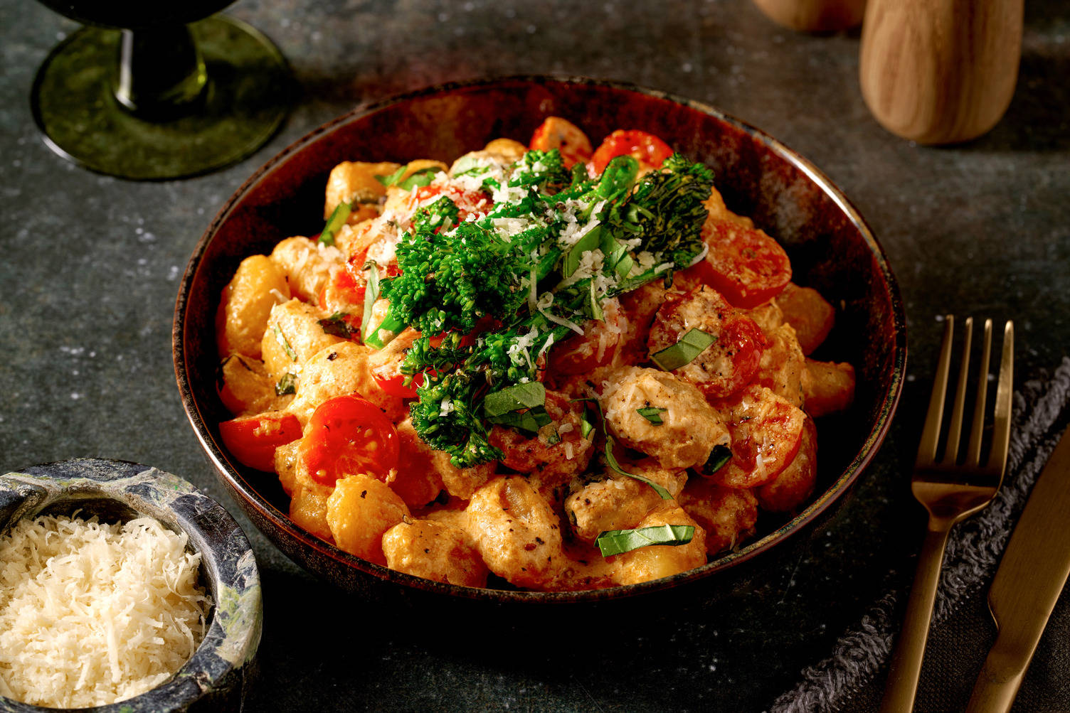Gnocchi-Pfanne mit Knoblauch-Bimi und Burrata