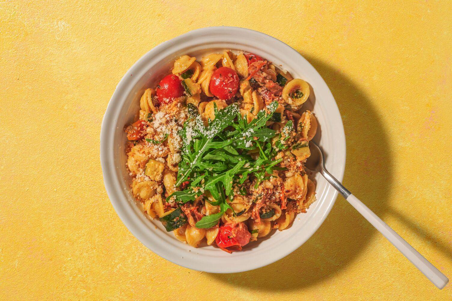 Lättlagad soltorkad tomat-pasta med strimlad kycklingbröstfilé