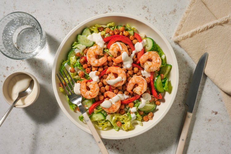 Raske middelhavskrydrede reker og gresk salat