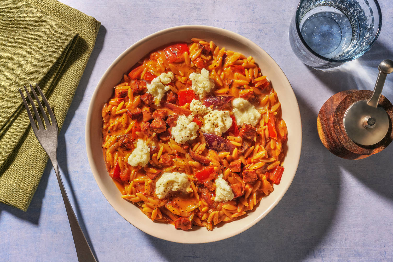 One-pan Chorizo and Mozzarella Orzo
