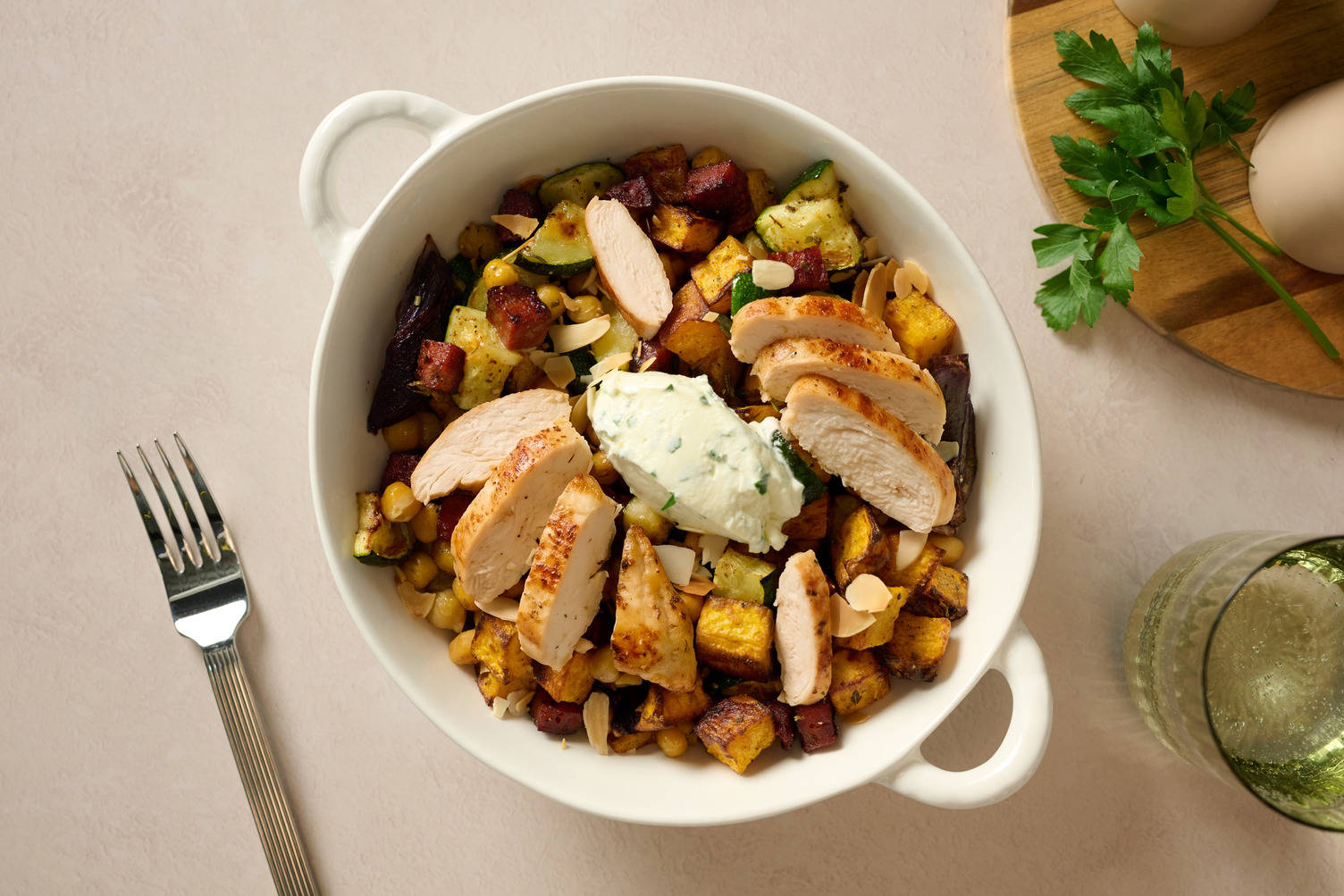 Mediterranean Style Chorizo, Chicken and Chickpea Traybake