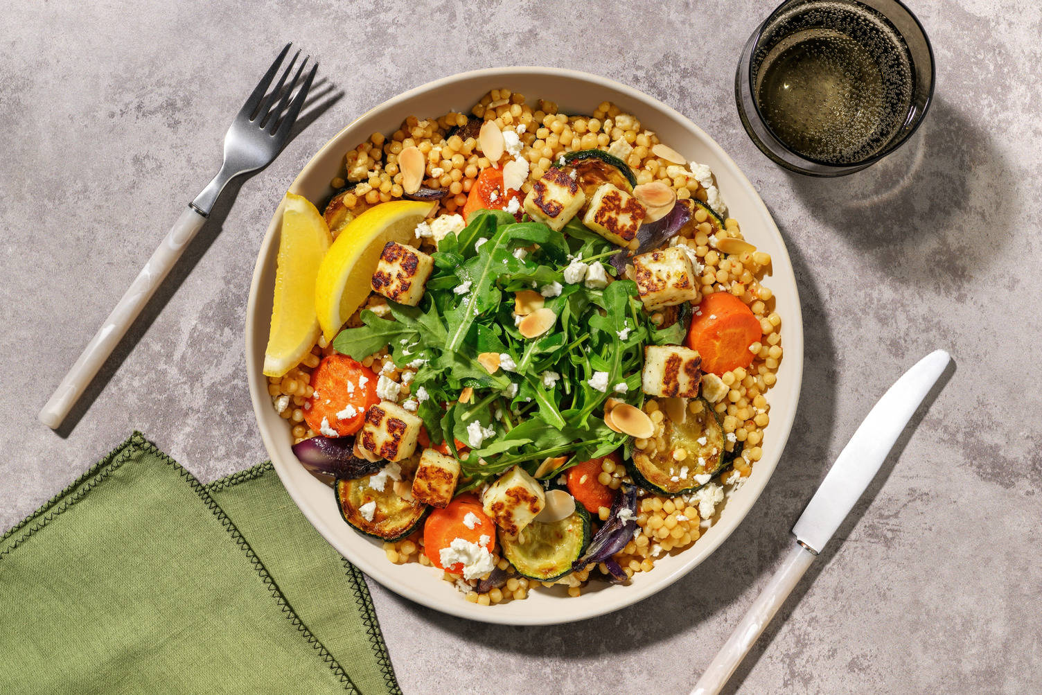 Harissa Pearl Couscous Halloumi Salad and Honeyed Carrots