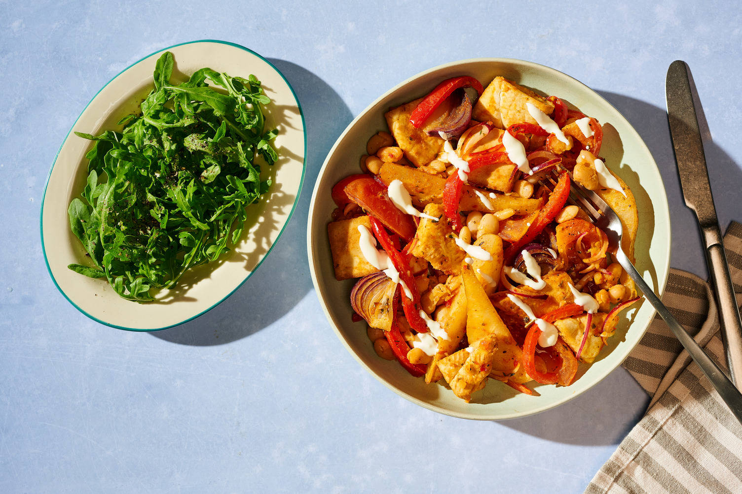 Chicken, Crispy Butter Bean, Pitta Chip and Pear Traybake